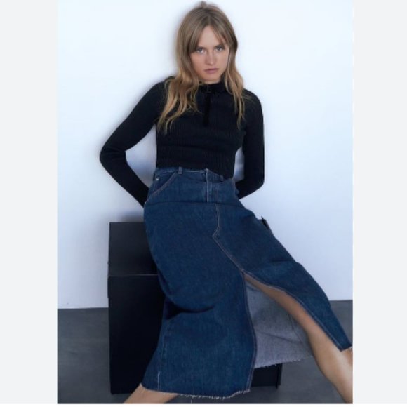 NWT ZARA Dark Blue Denim Midi Skirt - Picture 1 of 9